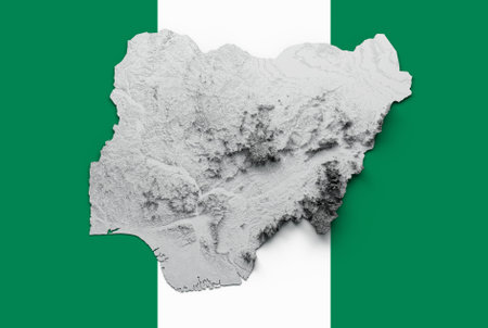 3d Nigeria Map Black And White Shaded Relief Texture Map On Nigeria Flag Background 3d illustrationの写真素材