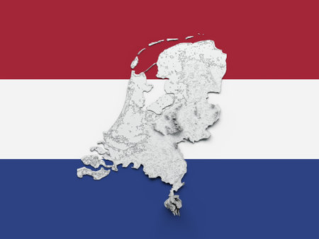 3d Netherlands Map Black And White Shaded Relief Map On Netherlands Flag Background 3d illustrationの写真素材