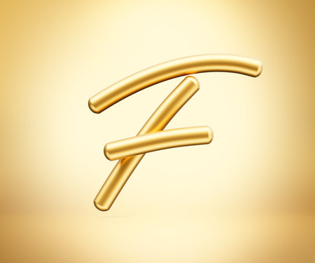 3d Gold Shiny Capital Letter F Alphabet F Rounded Inflatable Font On Gold Background 3d Illustrationの写真素材