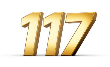 3d number 117 one hundred seventeen Gold text isolated on white background with reflection 3d illustrationの写真素材