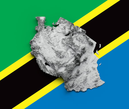 Tanzania Map Flag Shaded Relief Color Height Map On Tanzania Flag Background 3d Illustrationの写真素材