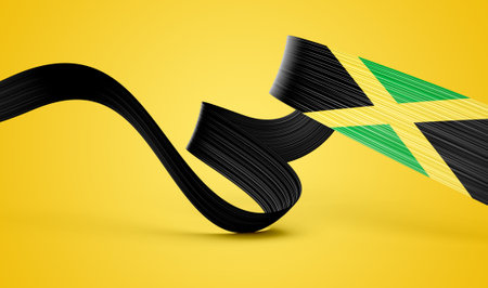 3d Flag Of Jamaica 3d Wavy Shiny Jamaica Ribbon Isolated On Yellow Background 3d Illustrationの写真素材