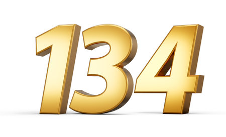 3d number 134 one hundred thirty four Gold text isolated on white background with reflection 3d...