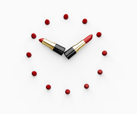 3d Creative Clock Design Made Of Red Lipsticks 10:10 ten Time White Background 3d Illustrationの写真素材