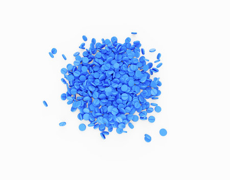 3d Blue Scattered Rounded Medical Pills White Background Top View Healthcare Concept 3d Illustrationの写真素材