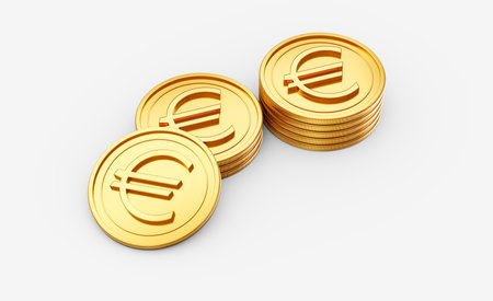3d Stack Of Golden European Euro Coins Shiny Rounded Coins Stack On White Background 3d Illustrationの写真素材