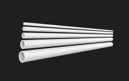 3D Shiny White PVC Pipes Of Different Diameters Plumbing Concept On Black Background 3D Illustrationの写真素材