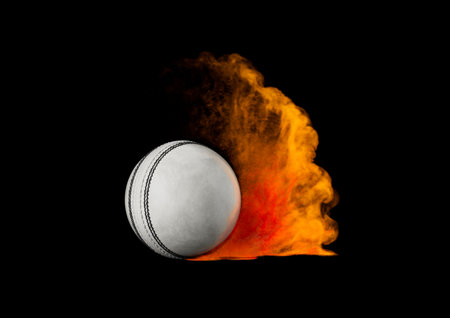 Shiny White Leather Stitched ODI Cricket Ball With Red Dusky Fire Smoke Texture 3D Illustration
