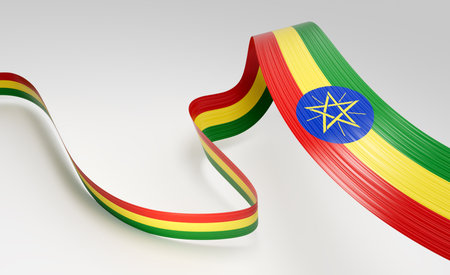 3d Flag Of Ethiopia 3d Shiny Waving Ribbon Flag Of Ethiopia On White Background 3d Illustrationの写真素材
