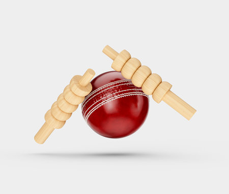 Shiny Red Leather Stitched Test Cricket Ball With Two Wicket Bails White Background 3D Illustrationの写真素材