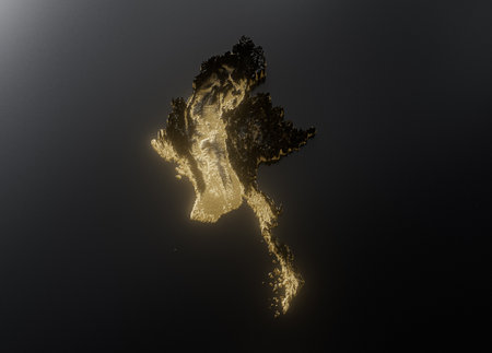 Myanmar Burma Map Golden Metallic Texture Map Gold Reserves And Gold Mining Concept 3D Illustrationの写真素材