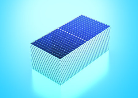 Stack Of Photovoltaic Solar Panels Or Solar Plates Set Isolated On Cyan Background 3d Illustration