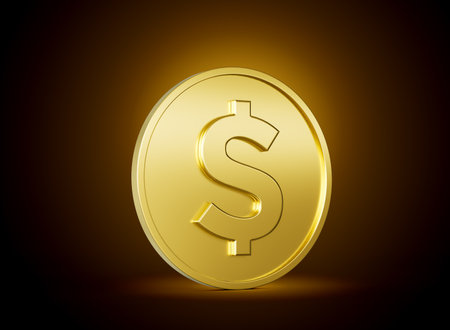 Golden Shiny Rounded United States Dollar USD Coin On Shiny Golden Glow Background 3d Illustrationの写真素材
