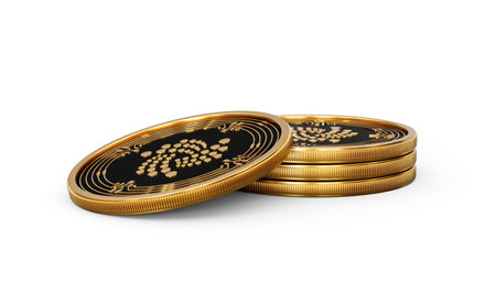 3d Stack Of Golden Cryptocurrency IOTA Rounded Coins Stack On White Background 3d Illustrationの写真素材