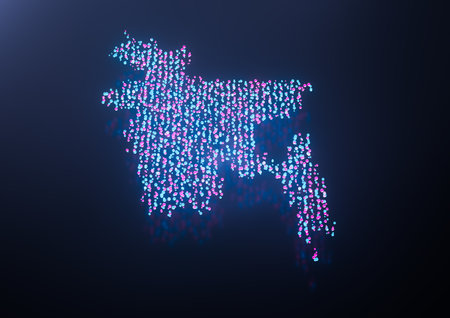 Illuminated Bangladesh Digital Data Map Pink And Blue Neon Glowing Particles 3D Illustrationの写真素材