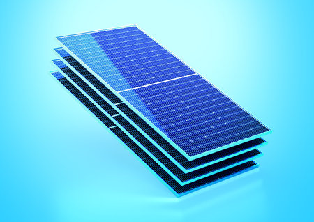 Three Photovoltaic Solar Panels Or Solar Plates Isolated On Cyan Background 3d Illustrationの写真素材
