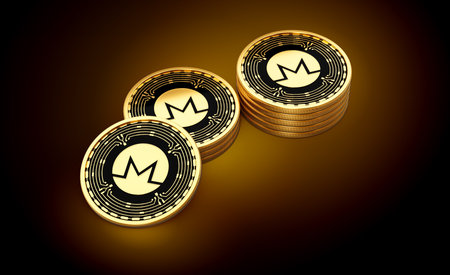 Stack Of Golden Cryptocurrency Monero XMR Coins On Shiny Golden Glow Background 3d Illustrationの写真素材