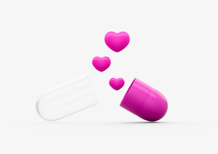 An Open Pink And Transparent Capsule With Three Pink Hearts Pills Spilling Out 3D Illustration