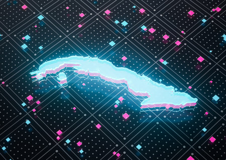 Illuminated Cuba Data Map Neon Blue Light On Seamless Pattern Background 3D Illustrationの写真素材