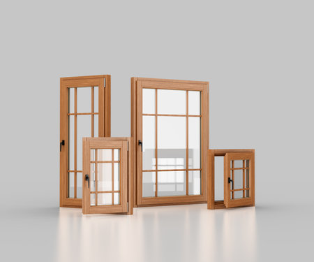 Set Of Four Wooden Framed Windows In Different Sizes With Multiple Glass Panes 3D Illustrationの写真素材