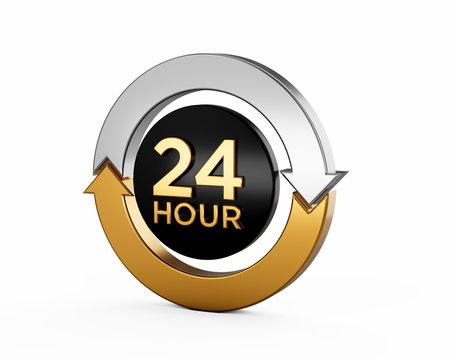 24 HOUR Encircled By A Sleek Silver And Gold Arrow Loop Signifies Non-Stop Service 3D Illustrationの写真素材