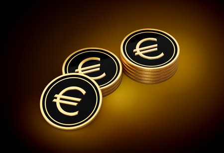 Stack Of Golden And Black European Euro Coins Set On Shiny Golden Glow Background 3d Illustrationの写真素材
