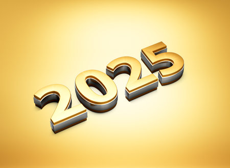 Happy New Year 2025 Golden Metal Text With Silver Outline On Golden Background 3d Illustrationの写真素材