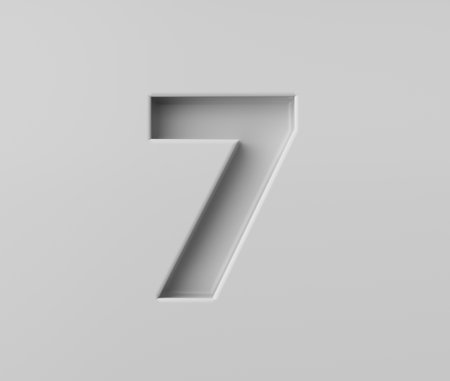 Sleek White Number 7 Seven With A Subtle Shadow Embossed Into Grey Background 3D Illustration