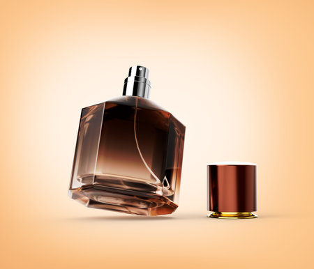 Amber Toned Perfume Bottle With An Open Polished Copper Cap, Soft Yellow Background 3D Illustrationの写真素材