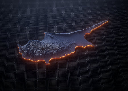 Illuminated Cyprus Data Map Highlighting Geographical Features Neon Glow Light 3D Illustrationの写真素材