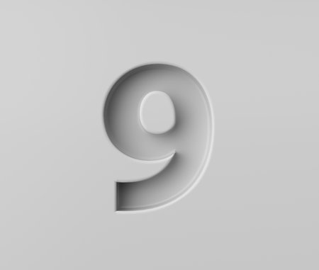 Sleek White Number 9 Nine With A Subtle Shadow Embossed Into Grey Background 3D Illustrationの写真素材
