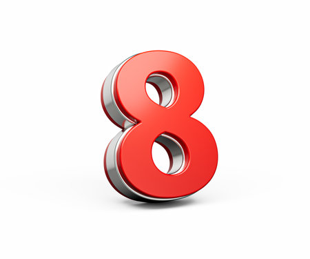 Bold Vibrant Red Number Eight Number 8 With Sleek Metallic Gleam On White Background 3D Illustrationの写真素材