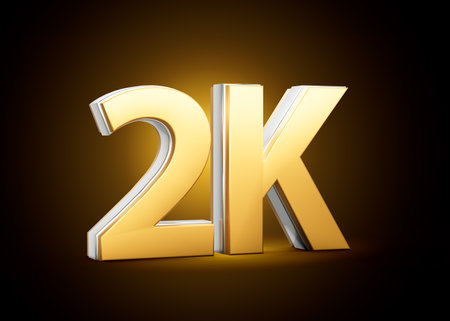 Golden 2K Text With Metallic Gleam Emphasizing Its Milestone Or Resolution Symbolism 3D Illustrationの写真素材