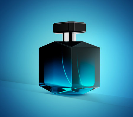 Blue Glass Perfume Bottle With A Shiny Black Cap Glimmers On A Reflective Base 3D Illustrationの写真素材