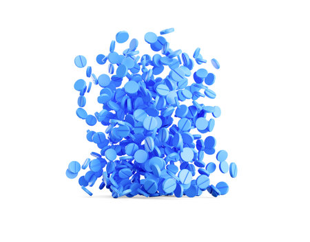 3d Blue Rounded Medical Pills Falling On White Background Healthcare Concept 3d Illustrationの写真素材