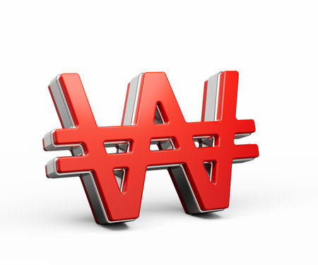 Bold Vibrant Red Korean Won Currency Symbol With Sleek Metallic Gleam 3D Illustrationの写真素材