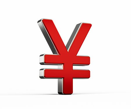 Bold Vibrant Red Japanese Yen Currency Symbol With Sleek Metallic Gleam 3D Illustrationの写真素材