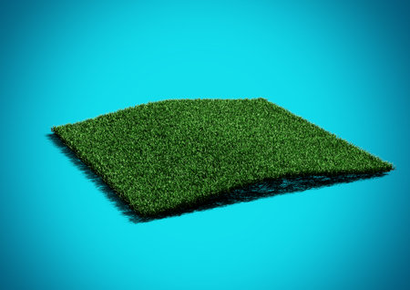 A Rectangular Astroturf Rug With Lush Green Synthetic Grass On Blue Background 3D Illustrationの写真素材