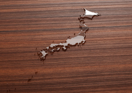 Japan Map Made Of Transparent Liquid Water On Wooden Floor 3D Illustrationの写真素材