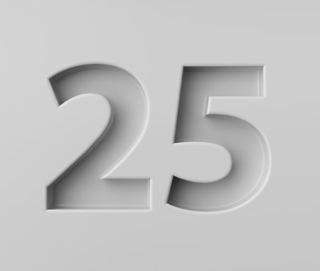 Sleek White Number 25 Twenty Five With Subtle Shadow Embossed Into Grey Background 3D Illustrationの写真素材