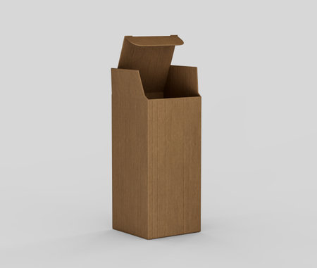 A Brown open-top cardboard box with a partially lifted lid for packaging and product mockups. 3d Illustrationの写真素材