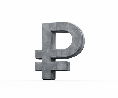 Grey Concrete Textured Ruble Currency Symbol On White Background 3D Illustrationの写真素材