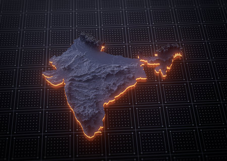 Illuminated India Data Map Highlighting Geographical Features Neon Glow Light 3D Illustrationの写真素材