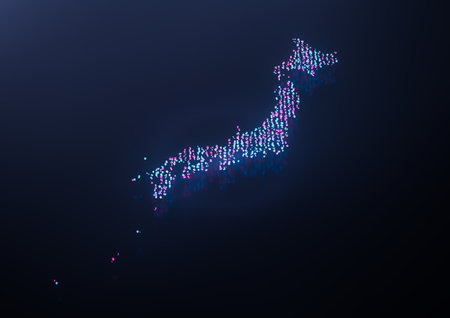 Illuminated Japan Digital Data Map Pink And Blue Neon Glowing Particles 3D Illustrationの写真素材