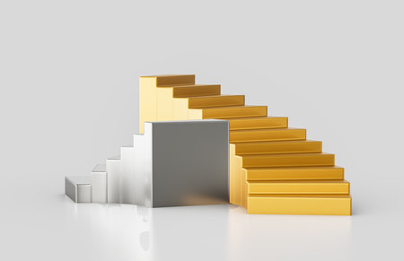Gold and silver staircase with curved design, perfect for product shoots and displays. 3d Illustrationの写真素材