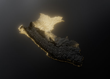 Peru Map Golden Metallic Texture Map Gold Reserves And Gold Mining Concept 3D Illustrationの写真素材