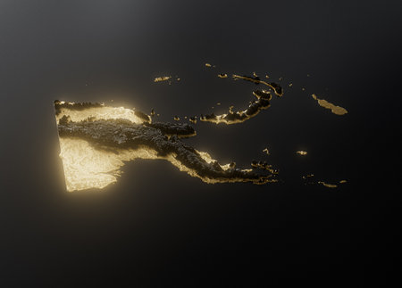 Papua New Guinea Map Gold Metallic Texture Map Gold Reserves And Gold Mining Concept 3D Illustrationの写真素材
