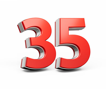 Bold Vibrant Red Number Thirty five Number 35 With Metallic On White Background 3D Illustrationの写真素材