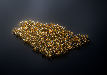 Saudi Arabia Map Made Of High Quality Premium Golden Metallic Copper Brass Pillars 3D Illustrationの写真素材