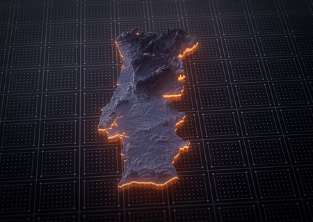 3d Map of Portugal with detailed terrain and an orange outline on a grid background. 3d illustrationの写真素材